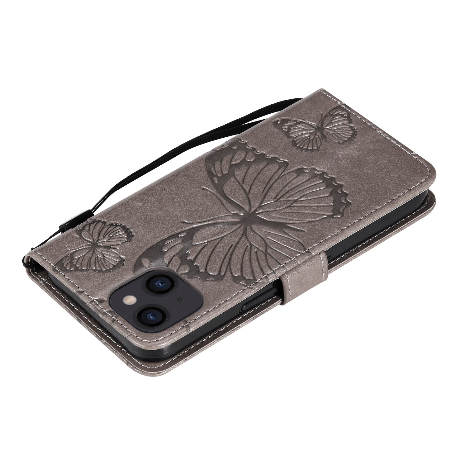 KT Imprinting Flower Series-2 For iPhone 15 Butterfly Imprint Leather Phone Case Wallet Stand Cover