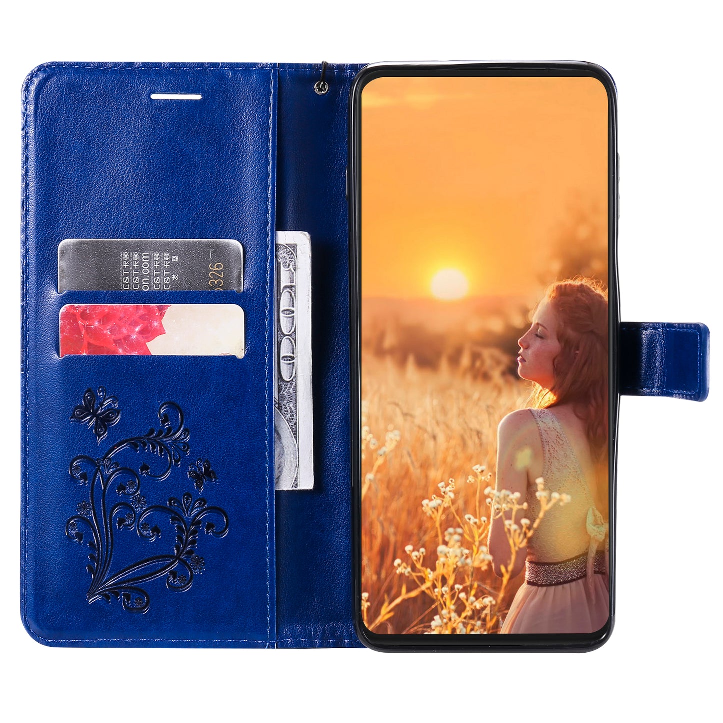 KT Imprinting Flower Series-2 For iPhone 15 Butterfly Imprint Leather Phone Case Wallet Stand Cover