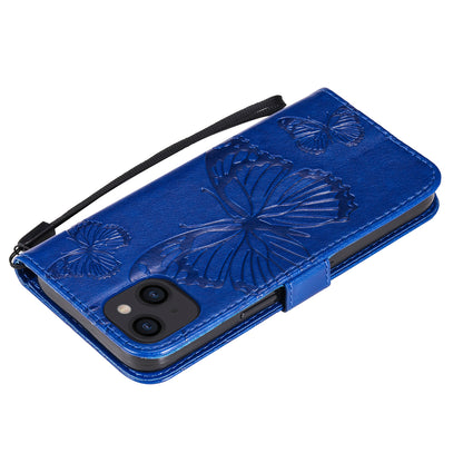 KT Imprinting Flower Series-2 For iPhone 15 Butterfly Imprint Leather Phone Case Wallet Stand Cover