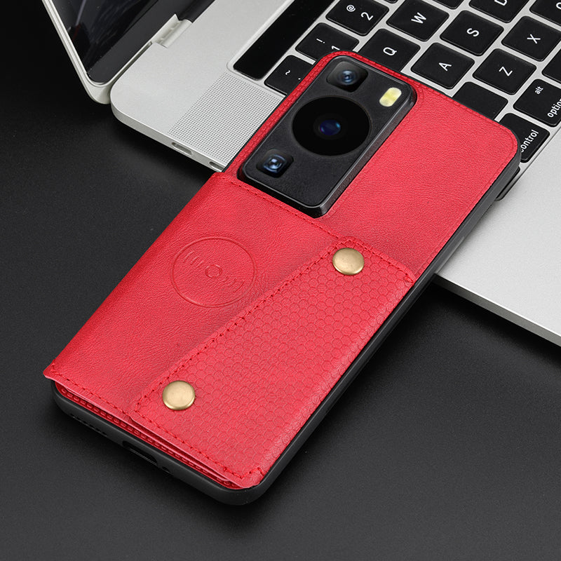 Card Holder Phone Case for Huawei P60 Kickstand PU Leather Coated TPU Back Cover