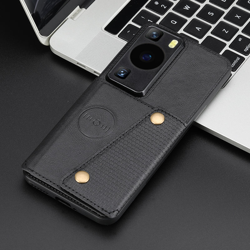 Card Holder Phone Case for Huawei P60 Kickstand PU Leather Coated TPU Back Cover