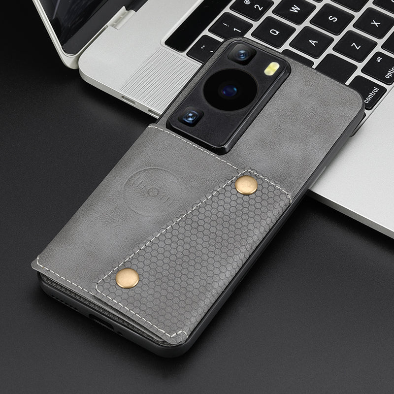 Card Holder Phone Case for Huawei P60 Kickstand PU Leather Coated TPU Back Cover
