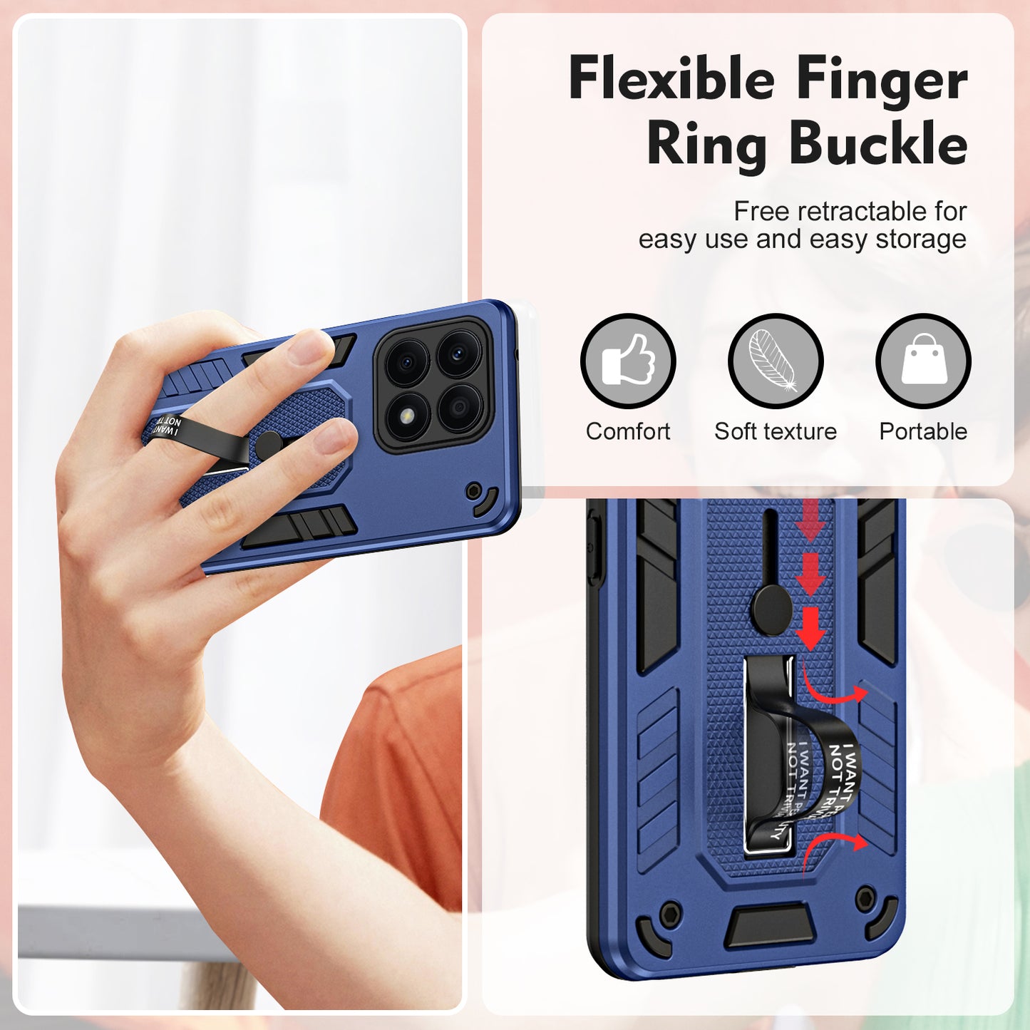 For Honor X8a 4G Hidden Kickstand Phone Case TPU+PC Back Cover with Silicone Ring Strap