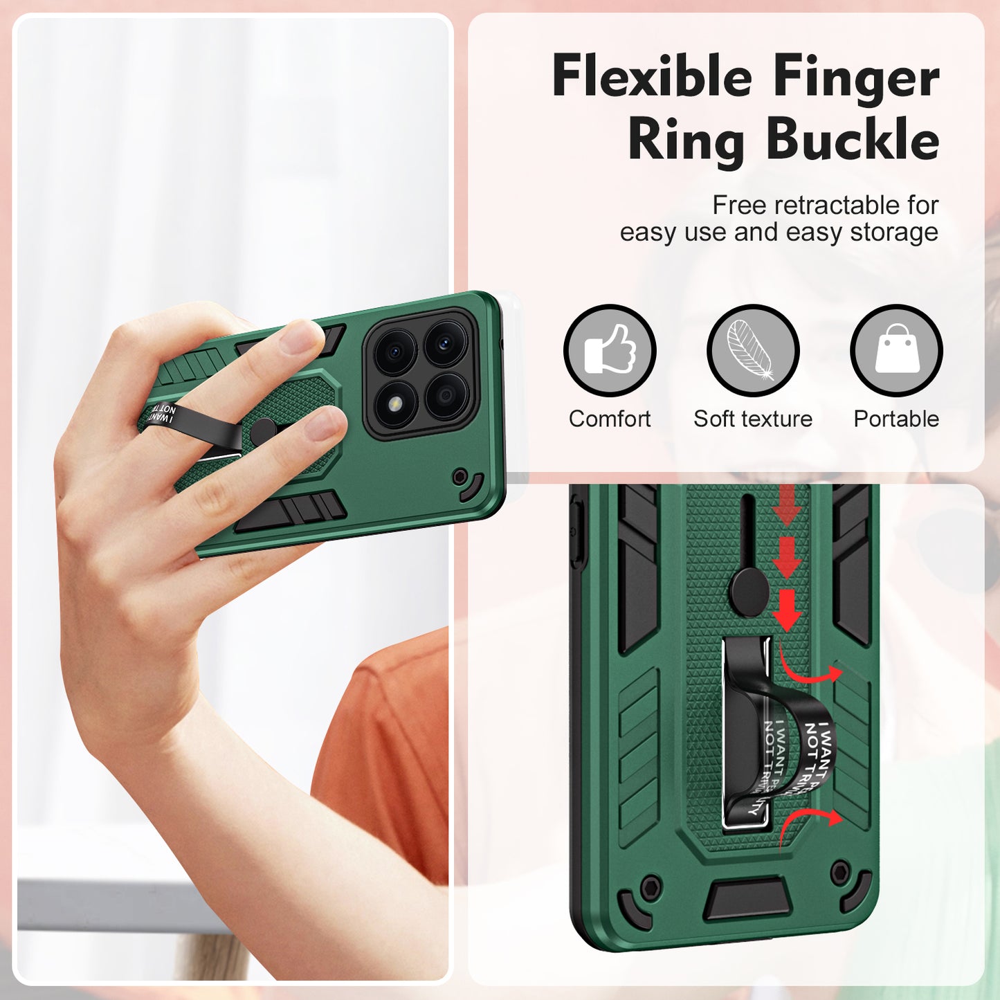 For Honor X8a 4G Hidden Kickstand Phone Case TPU+PC Back Cover with Silicone Ring Strap