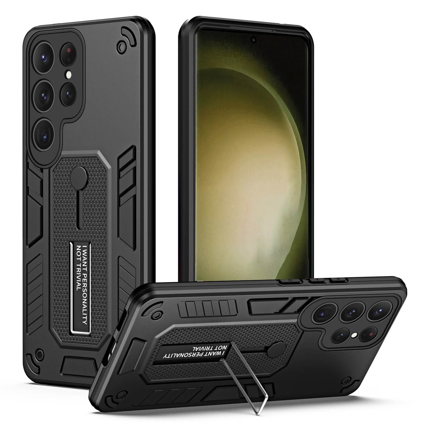 For Samsung Galaxy S23 Ultra Metal Kickstand Phone Case Silicone Ring Strap TPU+PC Shockproof Cover