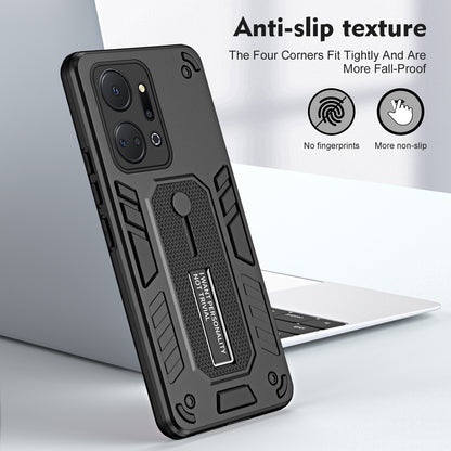 For Honor X7a 4G Hidden Kickstand Phone Case TPU+PC Back Cover with Finger Ring Strap