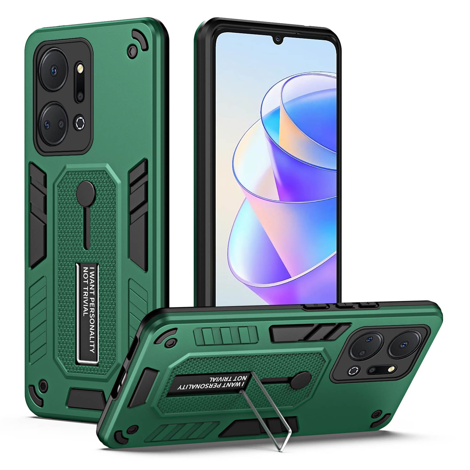 For Honor X7a 4G Hidden Kickstand Phone Case TPU+PC Back Cover with Finger Ring Strap