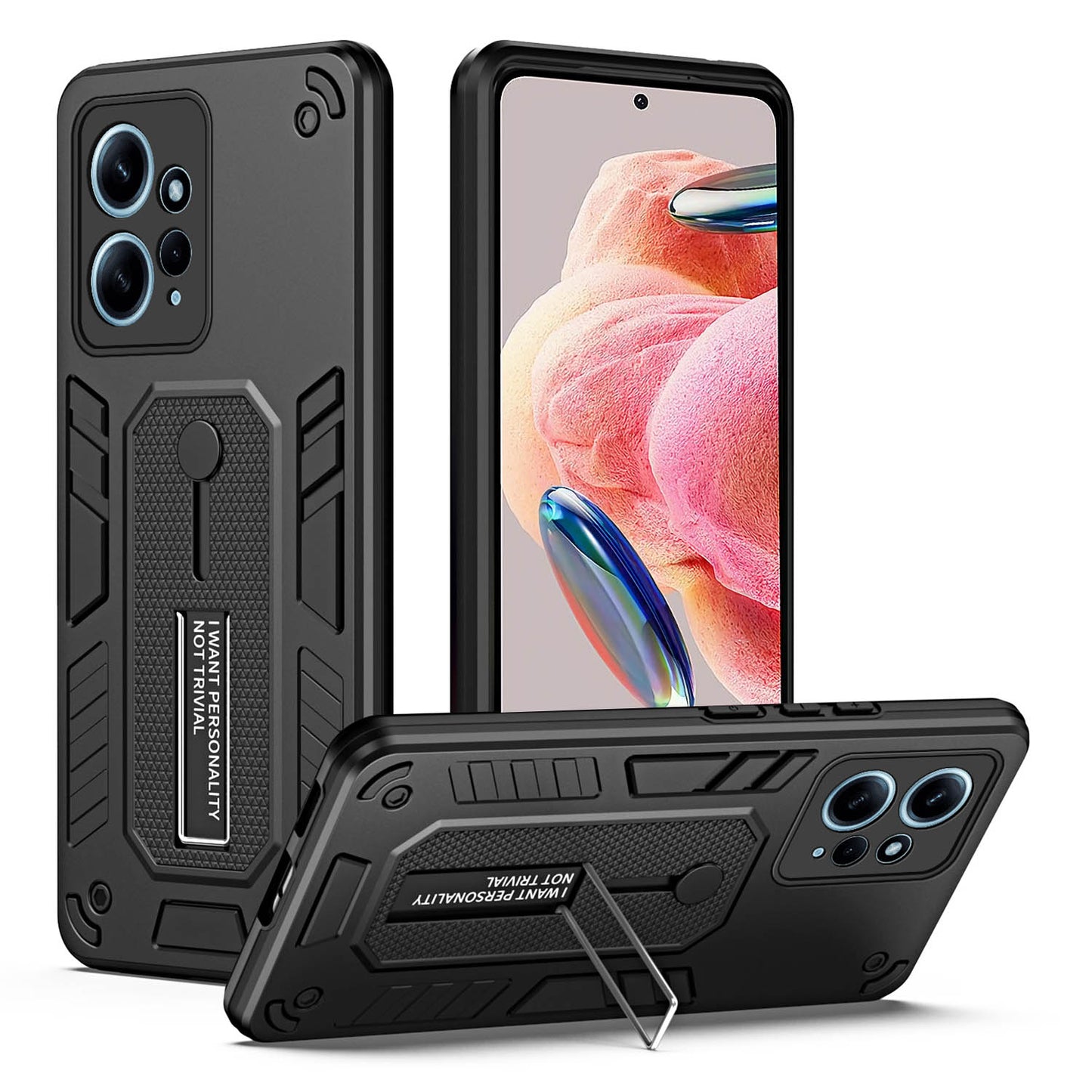 For Xiaomi Redmi Note 12 4G TPU+PC Phone Cover Hidden Kickstand Case with Soft Ring Strap