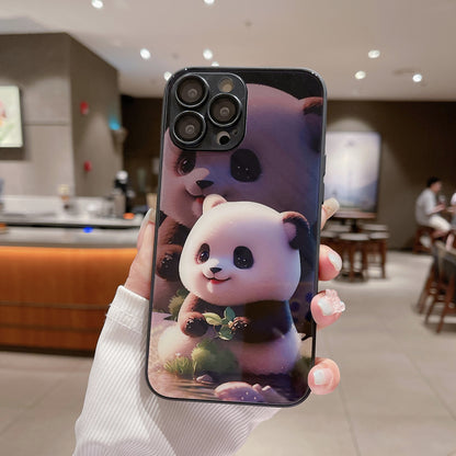 For iPhone 12 Pro Max Phone Cover Cute Panda Pattern Printing Tempered Glass+TPU Case with Lens Film