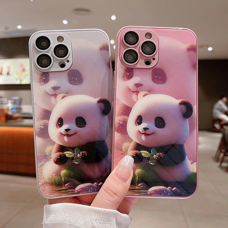 For iPhone 12 Pro Max Phone Cover Cute Panda Pattern Printing Tempered Glass+TPU Case with Lens Film