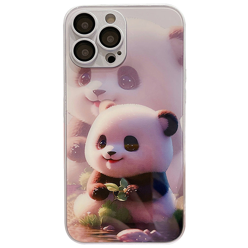 For iPhone 12 Pro Max Phone Cover Cute Panda Pattern Printing Tempered Glass+TPU Case with Lens Film