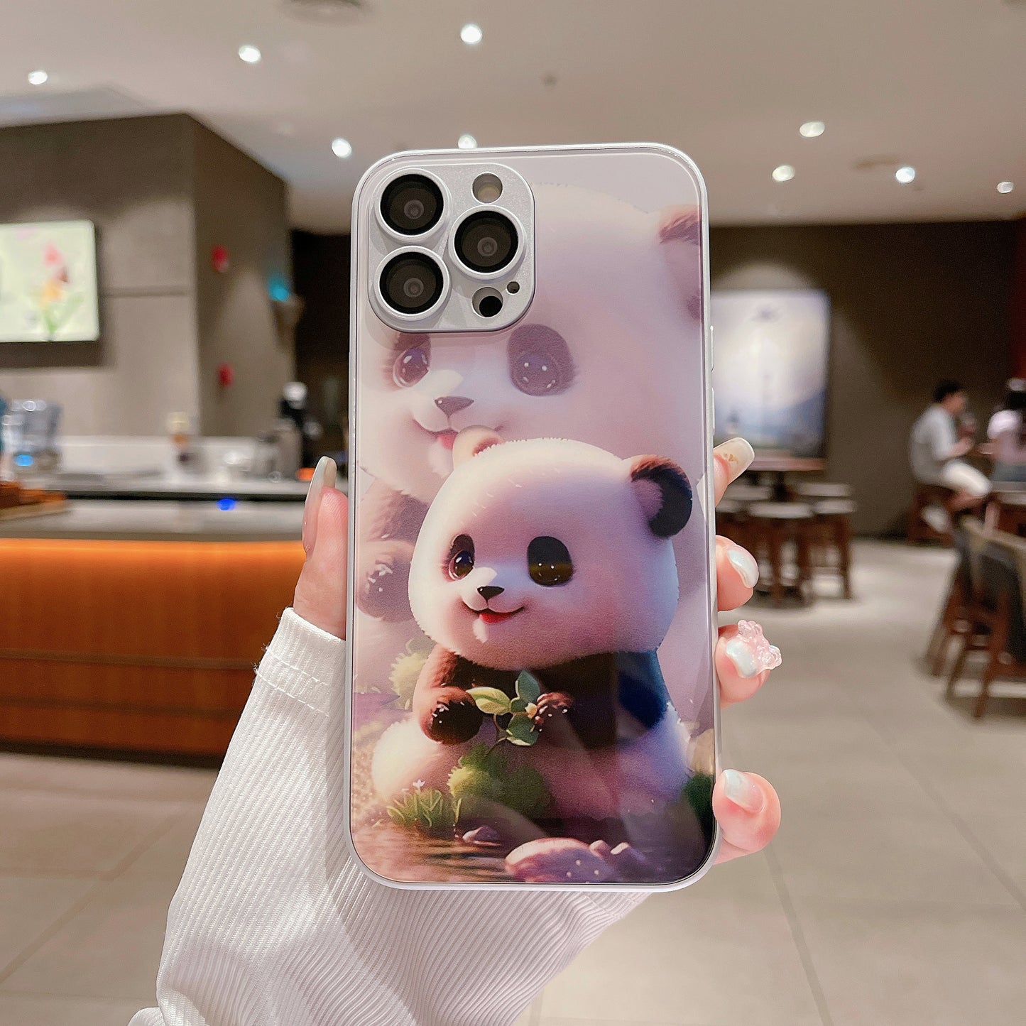 For iPhone 12 Pro Max Phone Cover Cute Panda Pattern Printing Tempered Glass+TPU Case with Lens Film