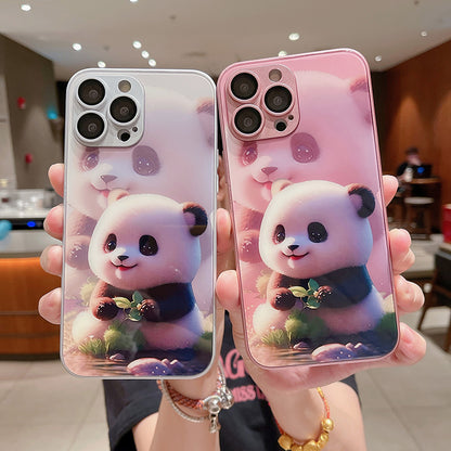 For iPhone 12 Pro Max Phone Cover Cute Panda Pattern Printing Tempered Glass+TPU Case with Lens Film