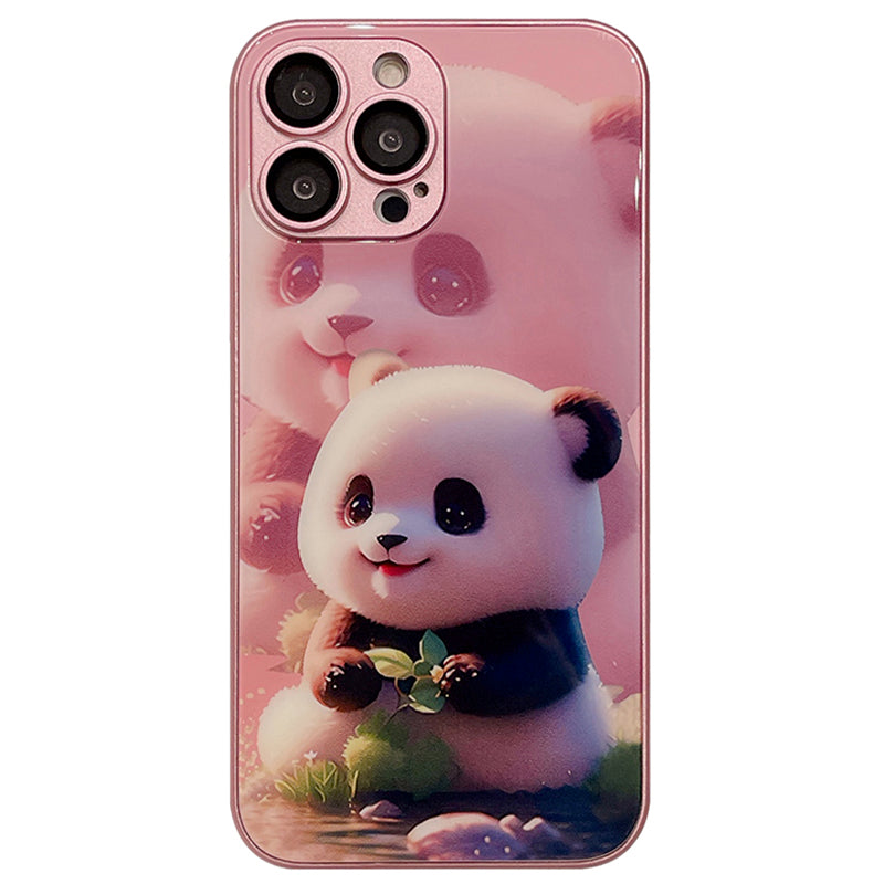 For iPhone 12 Pro Max Phone Cover Cute Panda Pattern Printing Tempered Glass+TPU Case with Lens Film
