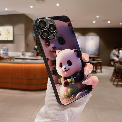 For iPhone 12 Pro Cute Panda Pattern Printing Scratch Proof Tempered Glass+TPU Phone Case with Lens Film