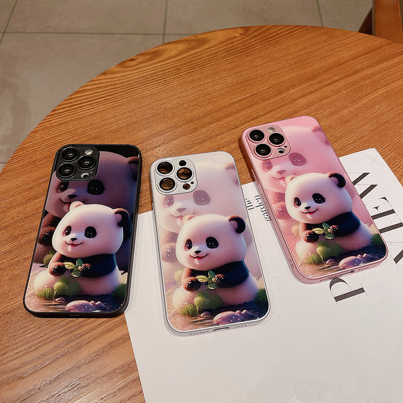 For iPhone 12 Pro Cute Panda Pattern Printing Scratch Proof Tempered Glass+TPU Phone Case with Lens Film