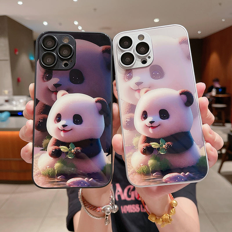 For iPhone 12 Pro Cute Panda Pattern Printing Scratch Proof Tempered Glass+TPU Phone Case with Lens Film