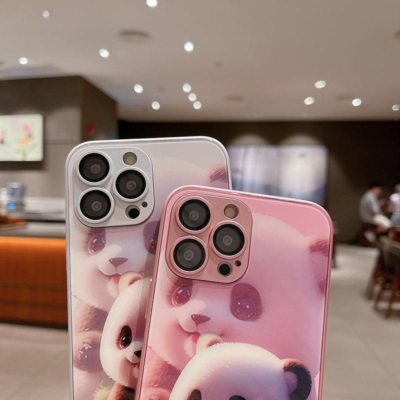 For iPhone 12 Pro Cute Panda Pattern Printing Scratch Proof Tempered Glass+TPU Phone Case with Lens Film