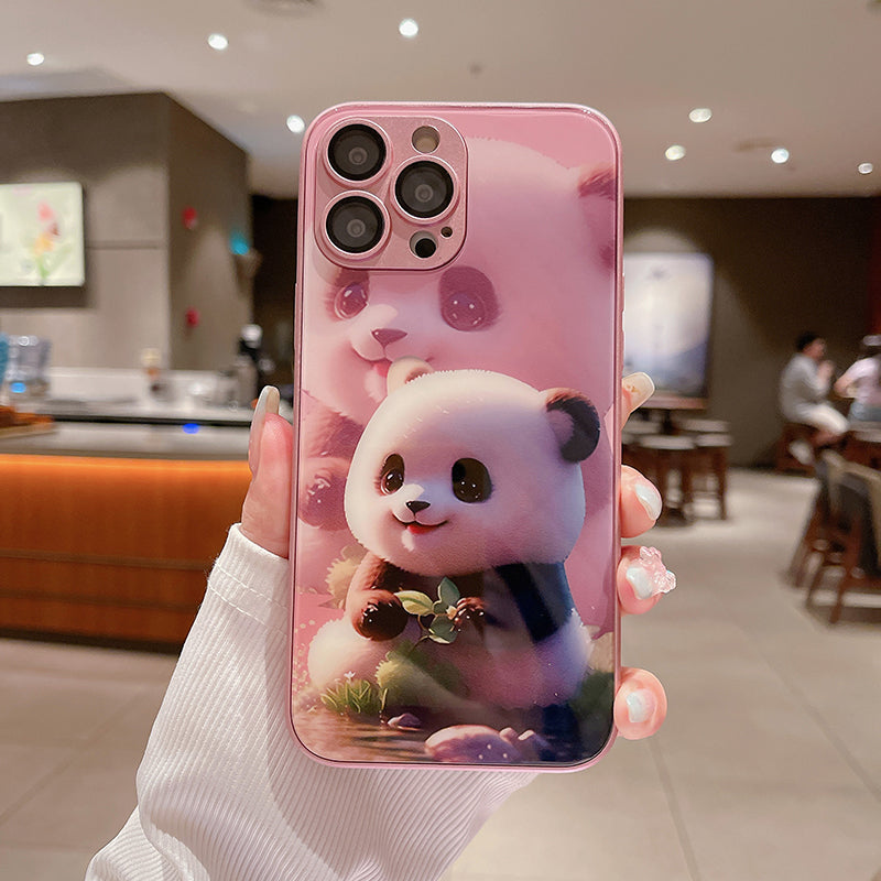 For iPhone 12 Pro Cute Panda Pattern Printing Scratch Proof Tempered Glass+TPU Phone Case with Lens Film