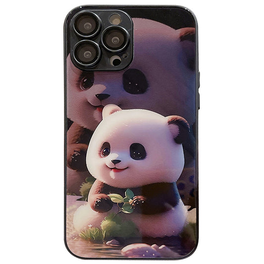 For iPhone 14 Pro Max Fall-proof Cute Panda Pattern Printing Tempered Glass+TPU Phone Case with Lens Film