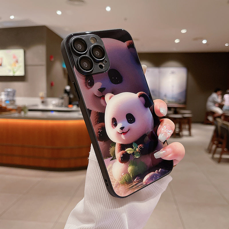 For iPhone 14 Pro Max Fall-proof Cute Panda Pattern Printing Tempered Glass+TPU Phone Case with Lens Film