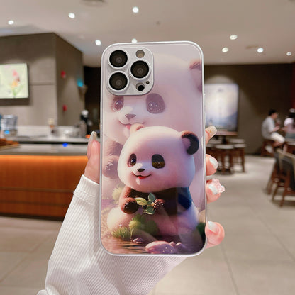 For iPhone 14 Pro Max Fall-proof Cute Panda Pattern Printing Tempered Glass+TPU Phone Case with Lens Film