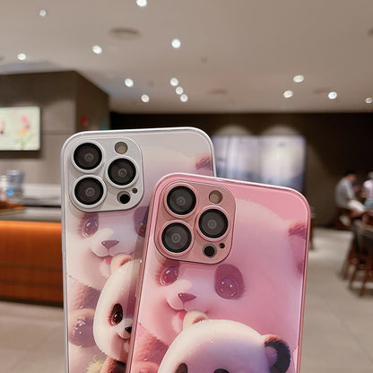 For iPhone 14 Pro Max Fall-proof Cute Panda Pattern Printing Tempered Glass+TPU Phone Case with Lens Film