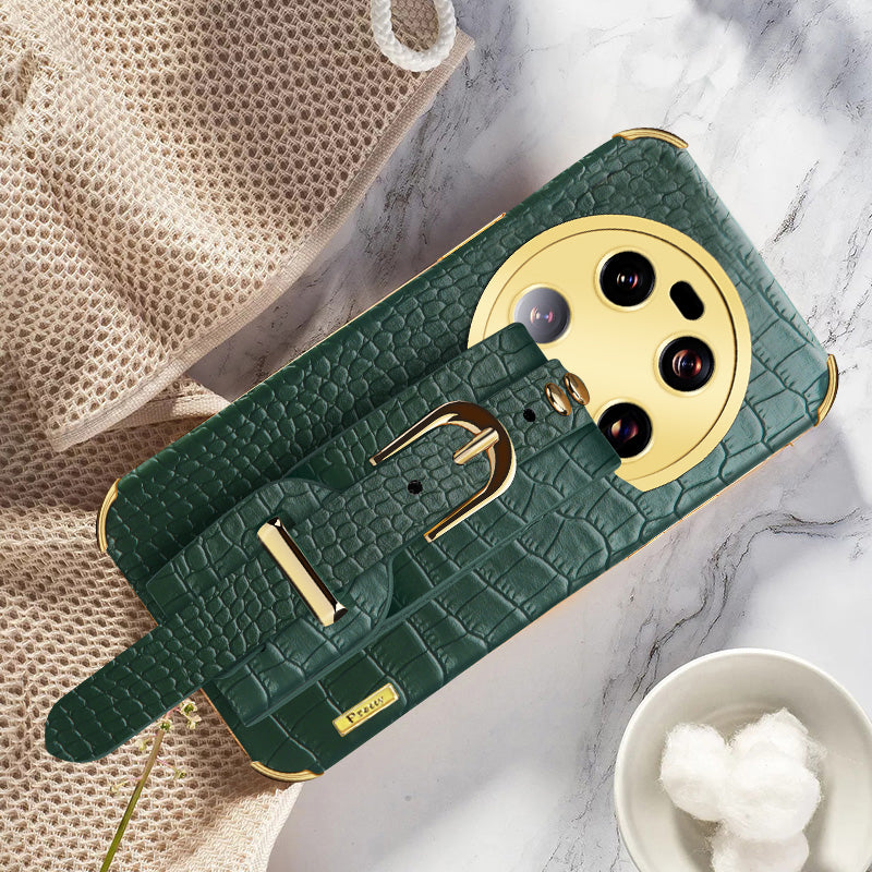 For Xiaomi 13 Ultra Electroplating Phone Case PU Leather Coated TPU Cover with Wristband Kickstand