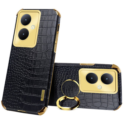 For vivo Y78+ 5G Leather Coated TPU Phone Case Crocodile Texture Protective Cover with Ring Kickstand