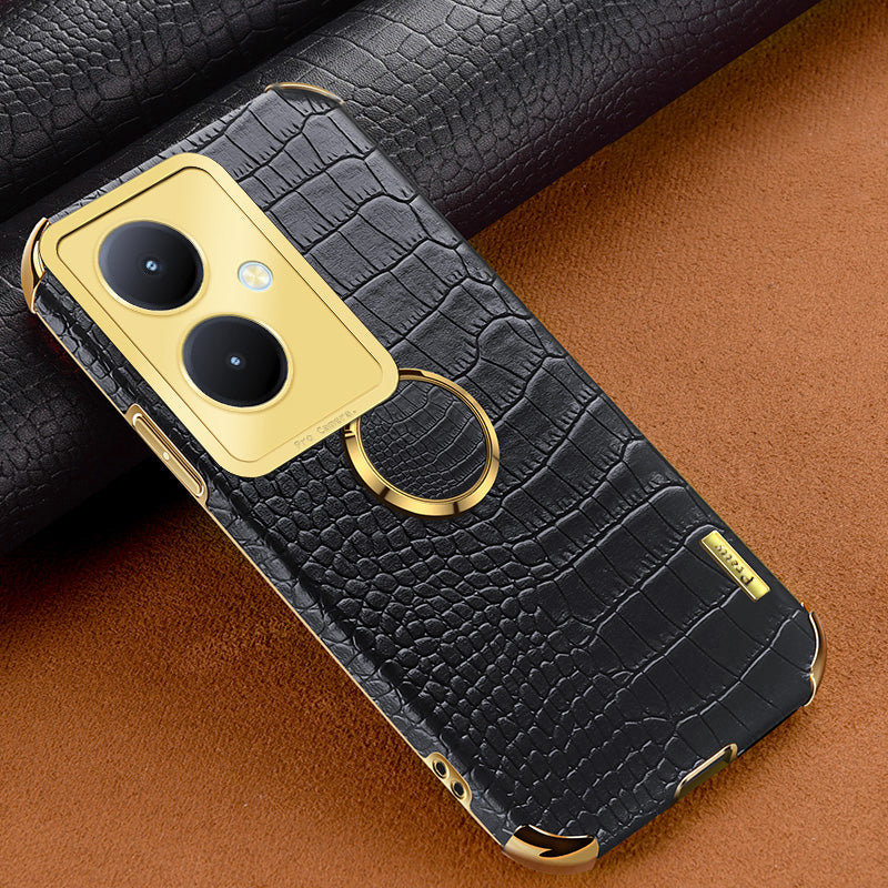 For vivo Y78+ 5G Leather Coated TPU Phone Case Crocodile Texture Protective Cover with Ring Kickstand