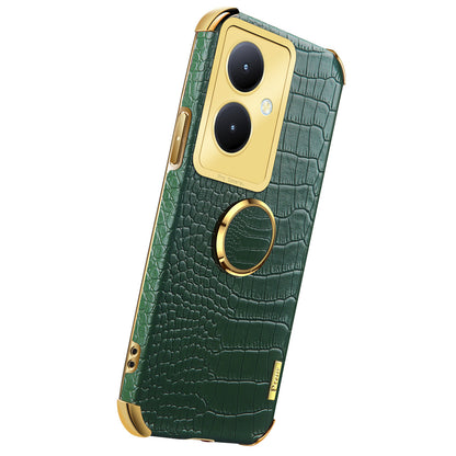 For vivo Y78+ 5G Leather Coated TPU Phone Case Crocodile Texture Protective Cover with Ring Kickstand
