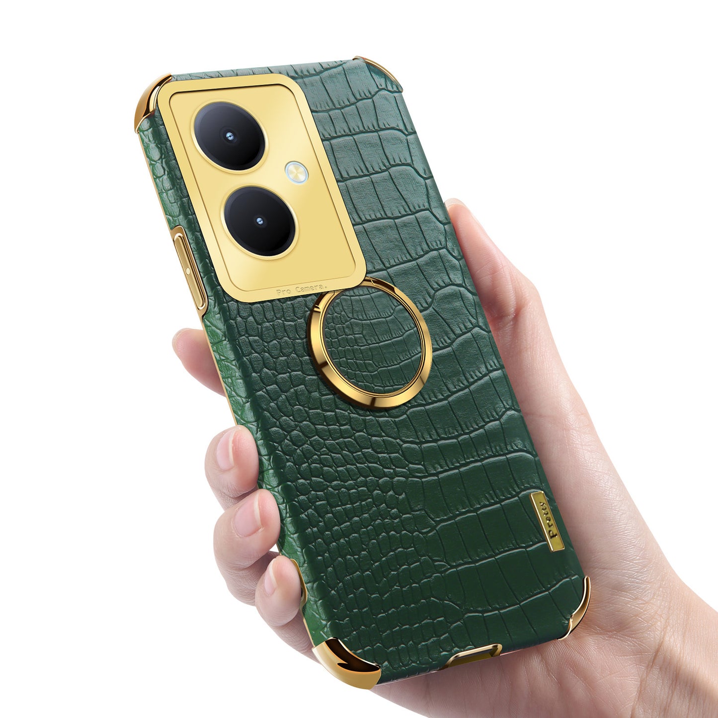 For vivo Y78+ 5G Leather Coated TPU Phone Case Crocodile Texture Protective Cover with Ring Kickstand
