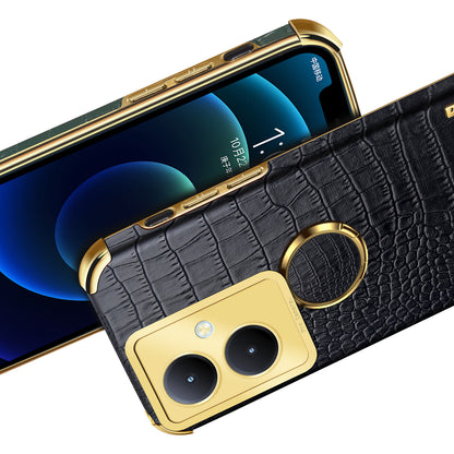 For vivo Y78+ 5G Leather Coated TPU Phone Case Crocodile Texture Protective Cover with Ring Kickstand
