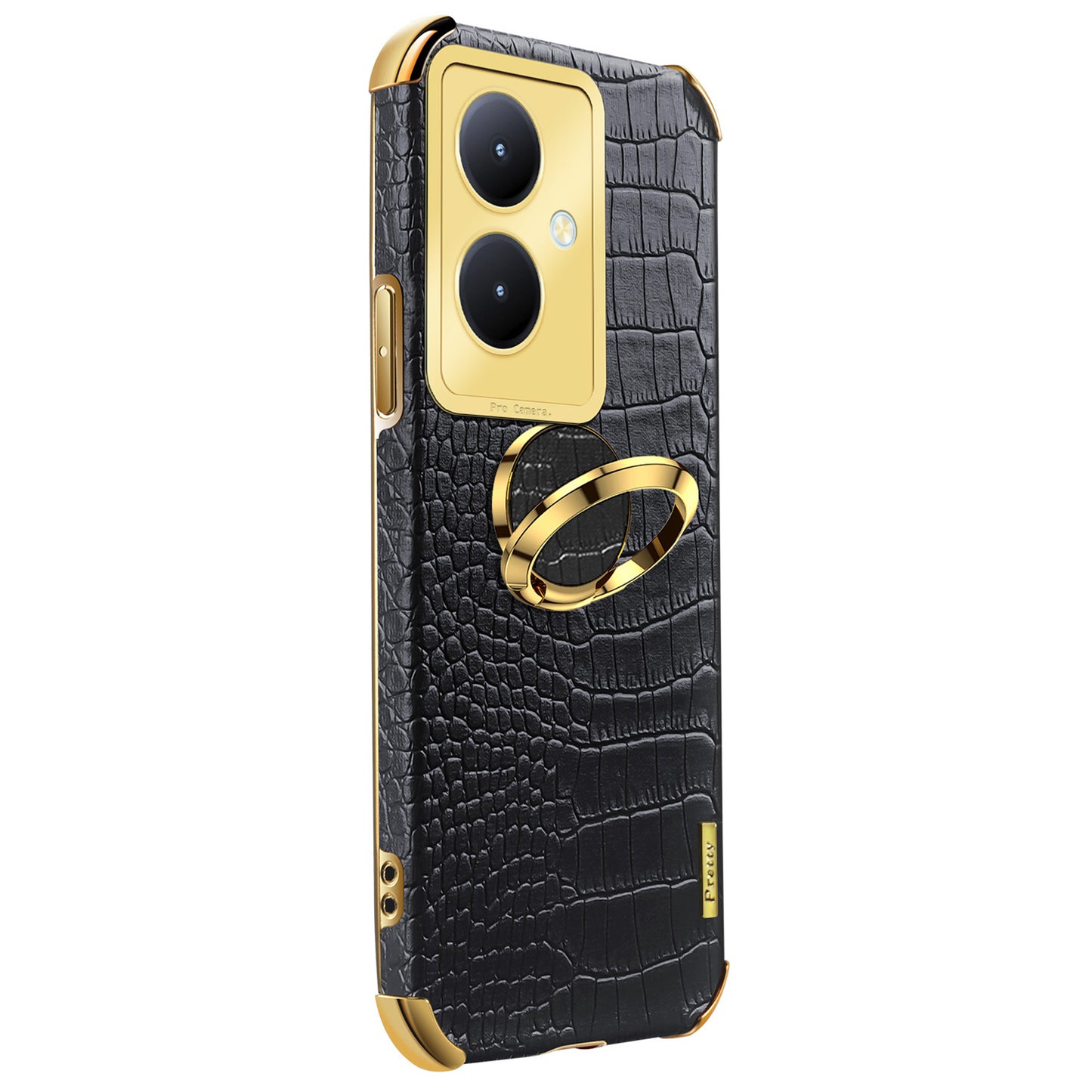 For vivo Y78+ 5G Leather Coated TPU Phone Case Crocodile Texture Protective Cover with Ring Kickstand