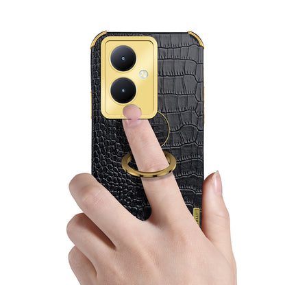 For vivo Y78+ 5G Leather Coated TPU Phone Case Crocodile Texture Protective Cover with Ring Kickstand