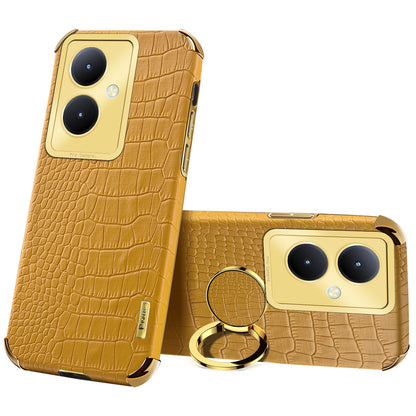 For vivo Y78+ 5G Leather Coated TPU Phone Case Crocodile Texture Protective Cover with Ring Kickstand