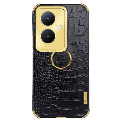 For vivo Y78+ 5G Leather Coated TPU Phone Case Crocodile Texture Protective Cover with Ring Kickstand