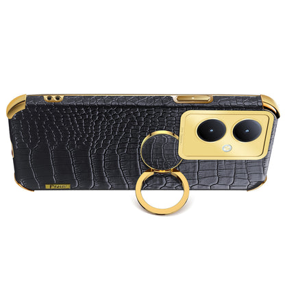 For vivo Y78+ 5G Leather Coated TPU Phone Case Crocodile Texture Protective Cover with Ring Kickstand