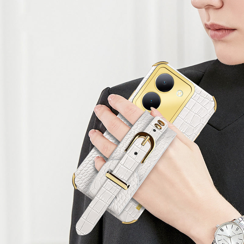 Wristband Kickstand Phone Case for vivo Y78 5G , PU Leather Coated TPU Electroplating Phone Cover