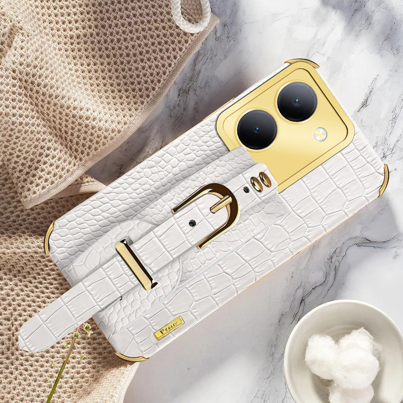 Wristband Kickstand Phone Case for vivo Y78 5G , PU Leather Coated TPU Electroplating Phone Cover