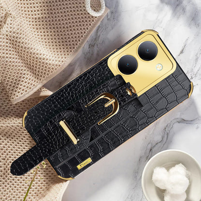 Wristband Kickstand Phone Case for vivo Y78 5G , PU Leather Coated TPU Electroplating Phone Cover