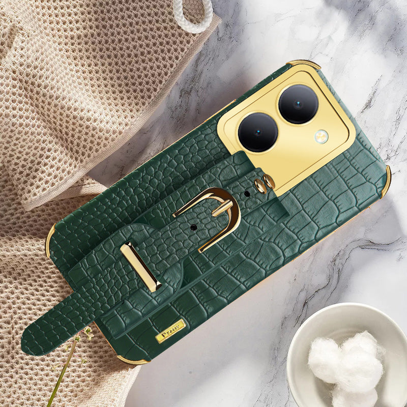 Wristband Kickstand Phone Case for vivo Y78 5G , PU Leather Coated TPU Electroplating Phone Cover