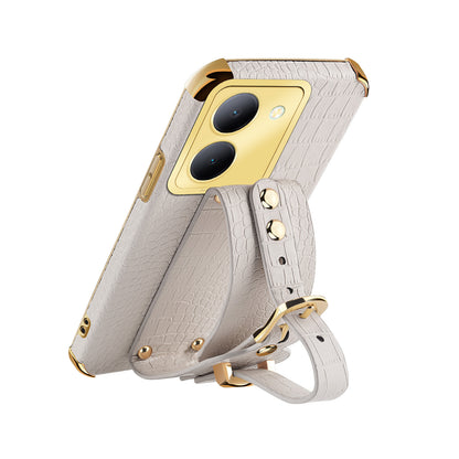 Wristband Kickstand Phone Case for vivo Y78 5G , PU Leather Coated TPU Electroplating Phone Cover