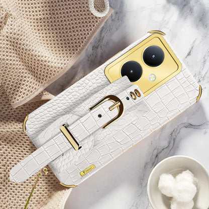 For vivo Y78+ 5G Wristband Kickstand PU Leather Coated TPU Case Electroplating Phone Cover