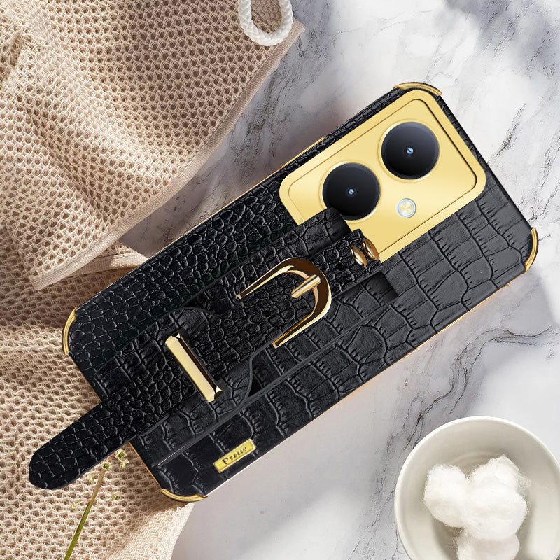 For vivo Y78+ 5G Wristband Kickstand PU Leather Coated TPU Case Electroplating Phone Cover