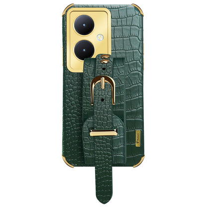 For vivo Y78+ 5G Wristband Kickstand PU Leather Coated TPU Case Electroplating Phone Cover