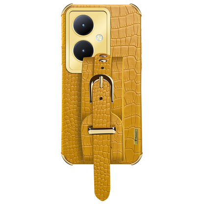 For vivo Y78+ 5G Wristband Kickstand PU Leather Coated TPU Case Electroplating Phone Cover