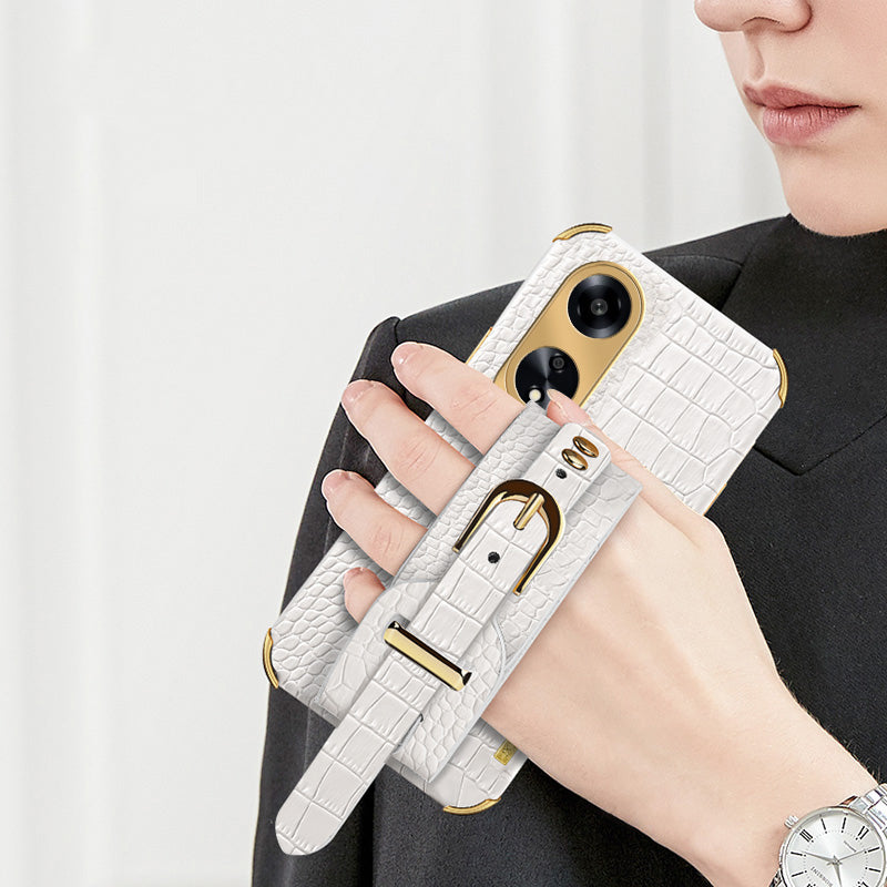 For Oppo A1 5G Electroplating Phone Case Wristband Kickstand Leather Coated TPU Phone Cover