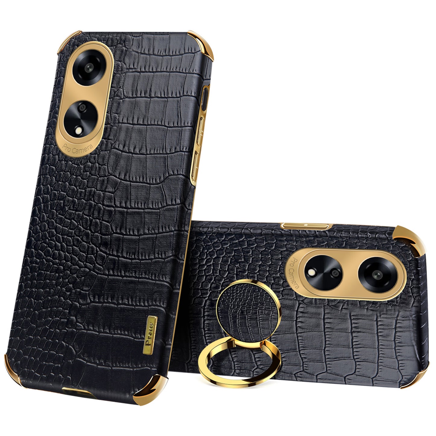 Ring Kickstand Phone Case for Oppo A1 5G Crocodile Texture Leather Coated TPU 6D Electroplating Cover