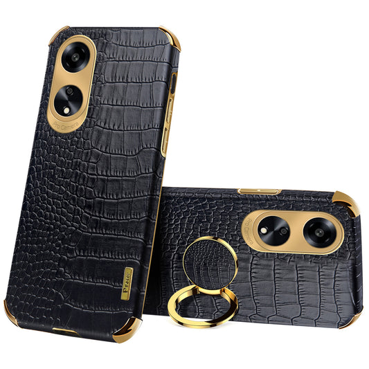 Ring Kickstand Phone Case for Oppo A1 5G Crocodile Texture Leather Coated TPU 6D Electroplating Cover